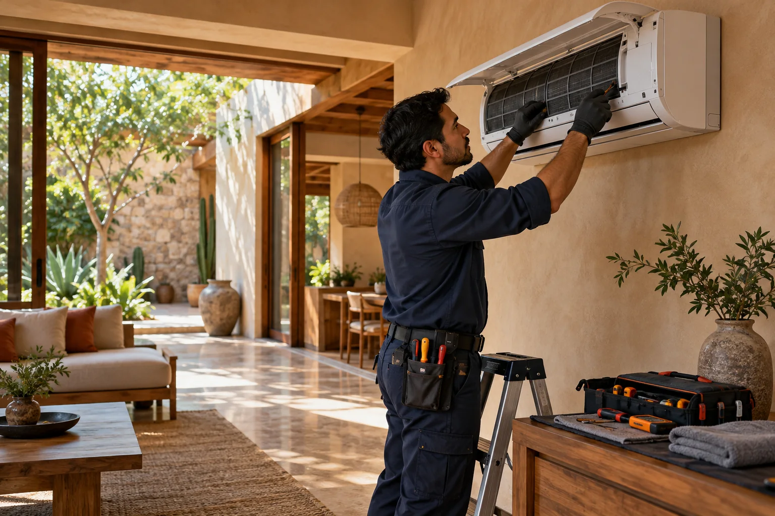 Técnico dando mantenimiento a un aire acondicionado en una casa